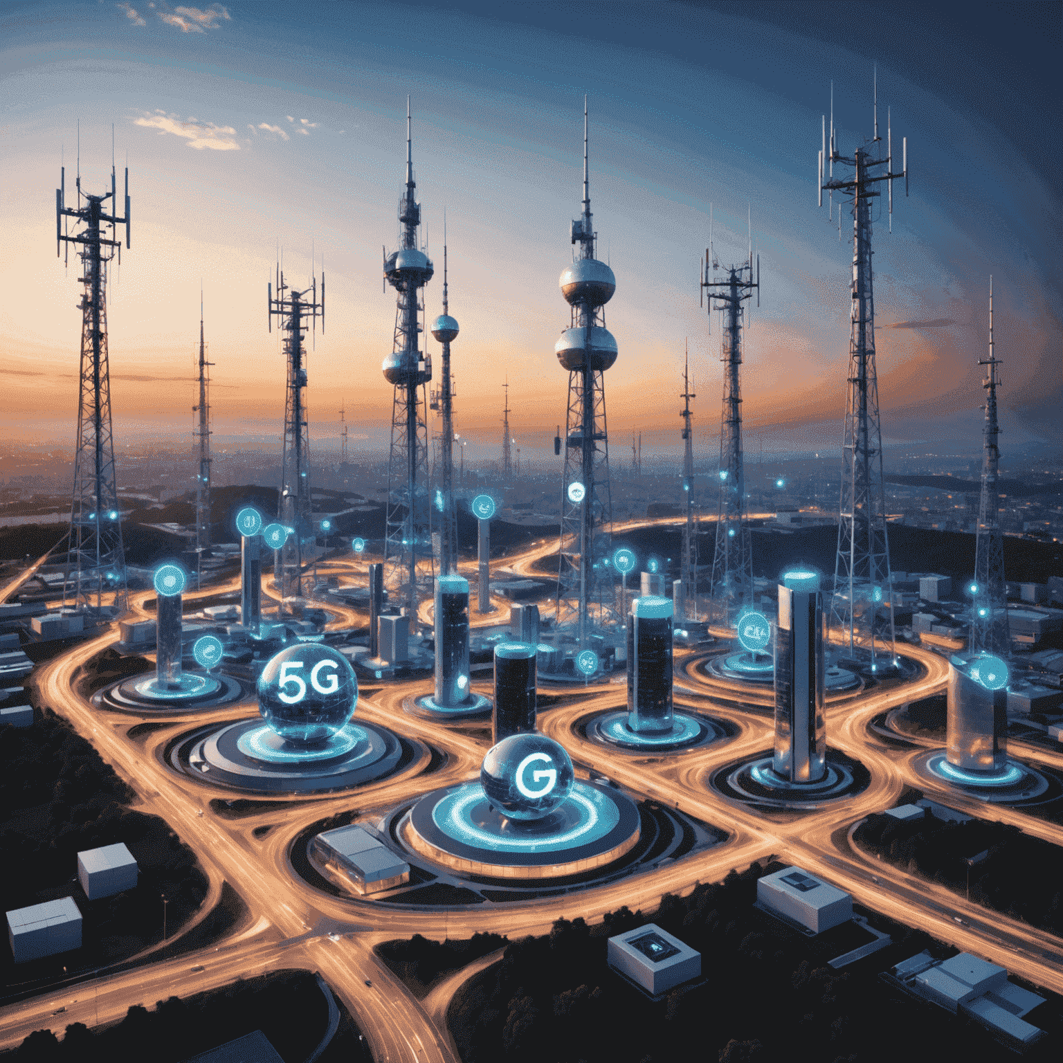 صورة توضيحية لتقنية الجيل الخامس 5G، تظهر أبراج اتصالات وأجهزة ذكية متصلة بشبكة عالية السرعة